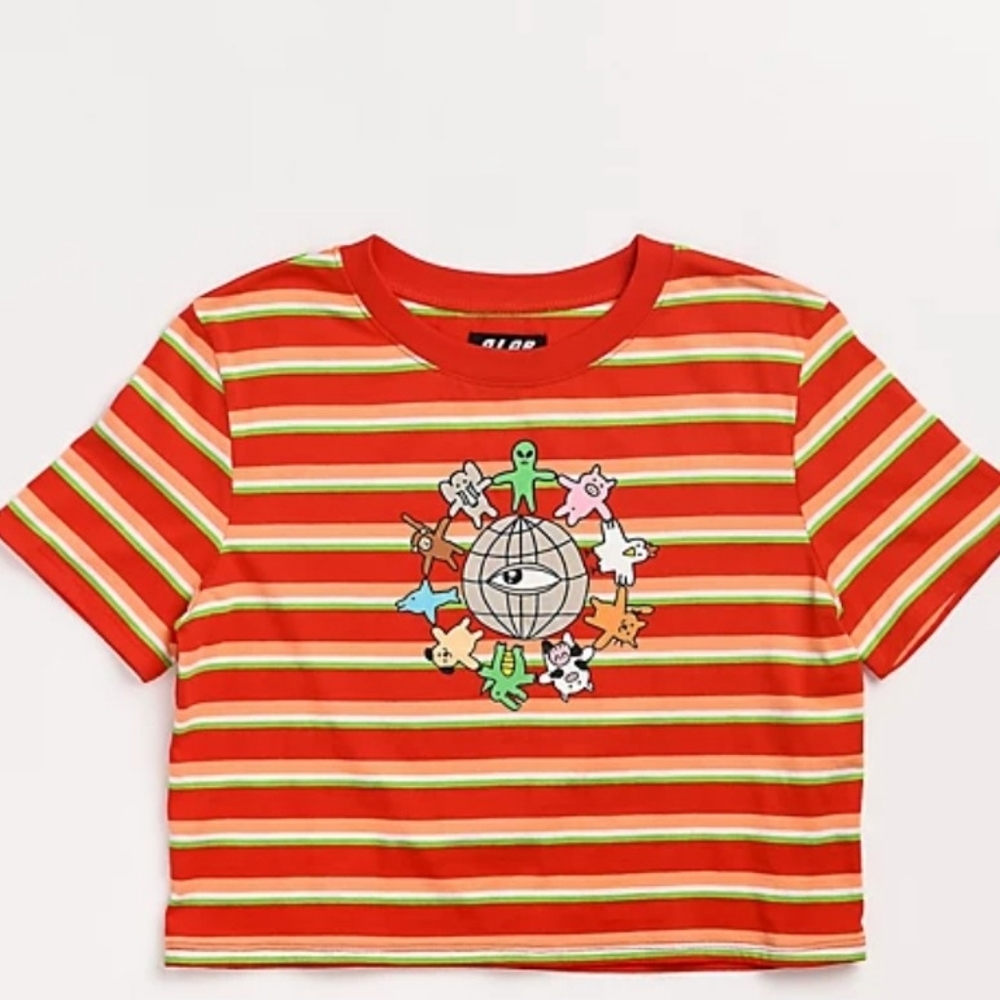 A-Lab Quinnie Globe Red Stripe Crop T-Shirt Size M
